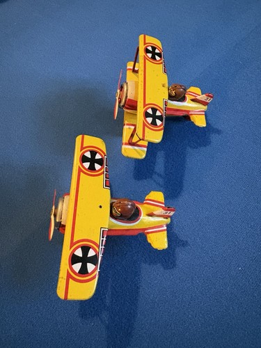 Pair vintage tin litho biplane - tin,